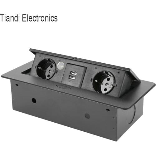 One-key to open outlet 2-position EU power supply plug zinc alloy pop up black round edge table top socket box with USB charging