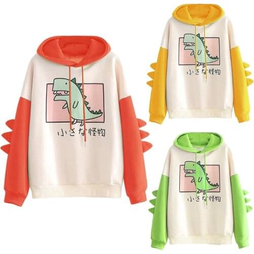 Japanese Women Long Sleeve Hoodies Cute Anime Dinosaur Print Splice Drawstring Sweatshirt Cosplay Cartoon Pullover Tops