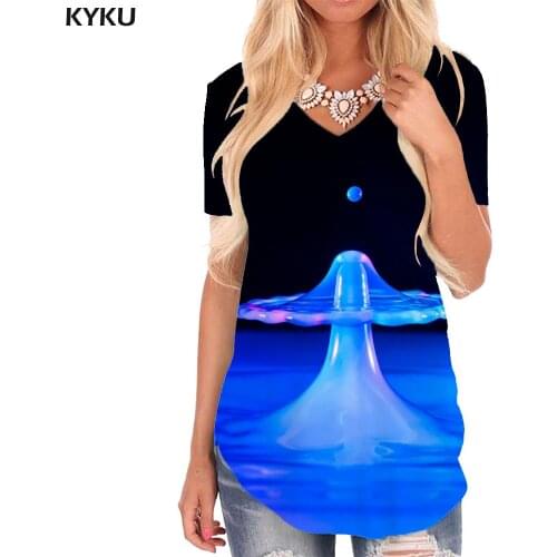 KYKU Water Droplets T-shirt women Psychedelic T-shirts 3d Abstract V-neck Tshirt Blue Funny T shirts Womens Clothing Summer Cool