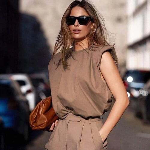 Summer T-Shirts Women Shoulder Paded Solid Color Slim Fashion Elegant Sleeveless Cotton Loose Autumn Female Blouse C2948