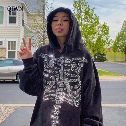 Goth Black Oversized Hoodies Women Techwear Skulls Diamond E Girl Y2K Pullovers Long Sleeve Casual Autumn Sweatshirts