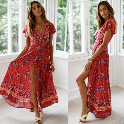 2021 Fashion Women Print Long Maxi Dress Robe Short Sleeve V neck Boho Sexy Party Dress Sundress Vestidos