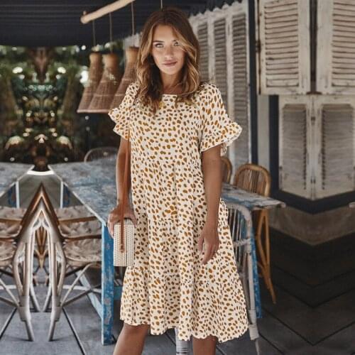 Summer Womens Short Sleeve Dot Print Dress Butterfly Sleeve 2021 Ladies Ruffles O-neck High Waist Knee-length Dress