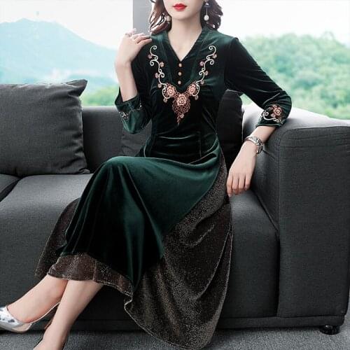 2020 Fall Spring Chinese Womens Green Black Patchwork Embroidery Velour Cheongsam Long Dress Women Slim 3xl Velvet Dresses