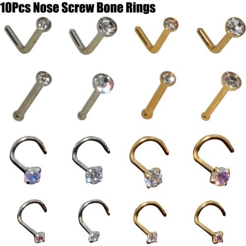 10pcs 2mm&3mm Gem Nose Stud Steptum Nose Bone Studs Hooks Bar Pin Nose Screw Rings Body Piercing Stainless Steel Jewellery