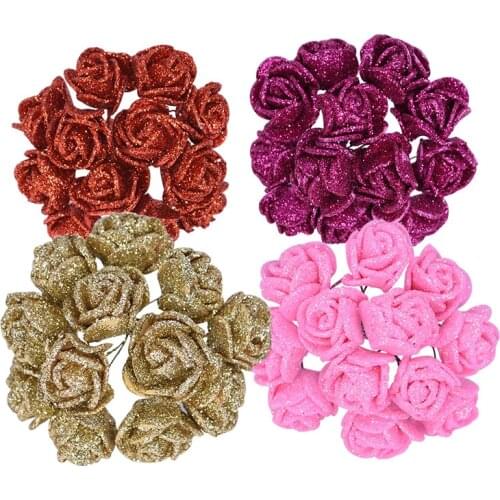 72pcs/lot 2cm Gold Pink Glitter Foam Rose Artificial Flower Bouquet for Wedding Home Party Decoration DIY Fake Flower Wall
