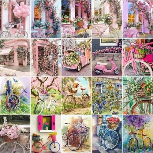 5D Poured Glue Diamond Painting Kits Bicycles Flower Landscape Paint by Numbers Full Round Square with AB Drill DIY Home Decor