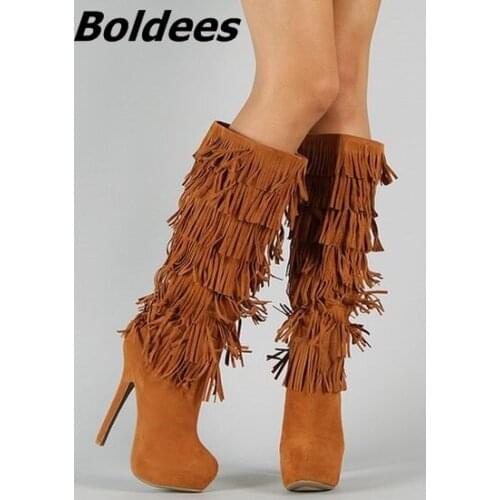 Fancy Women Brown Suede Flowing Fringe Stiletto Heels Mid-Calf Boots Round Toe Platform Tassel Side Zip Long Boots New Design