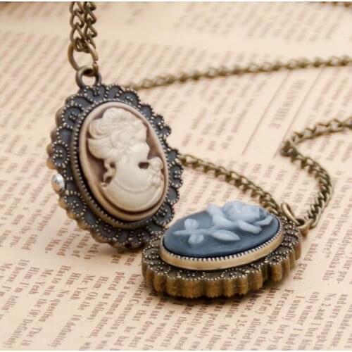 Bronze White Lady Beauty roses Quartz Pocket Watch Necklace Pendant Girl Women