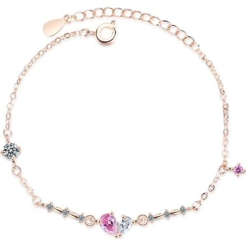 Pink Heart Elegant Fashion Sweet Knowbow Waterdrop 925 Sterling Silver Bracelelt For Women Korean Jewelry Gifts