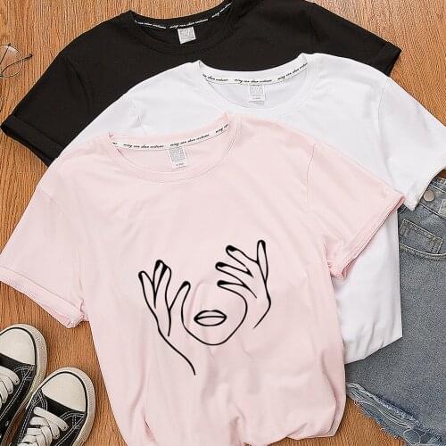 Summer Abstract Human Face Hand Printed T-shirt Fashion Harajuku Short Sleeve Women Tops White Tees Round-neck Female Tops 2020