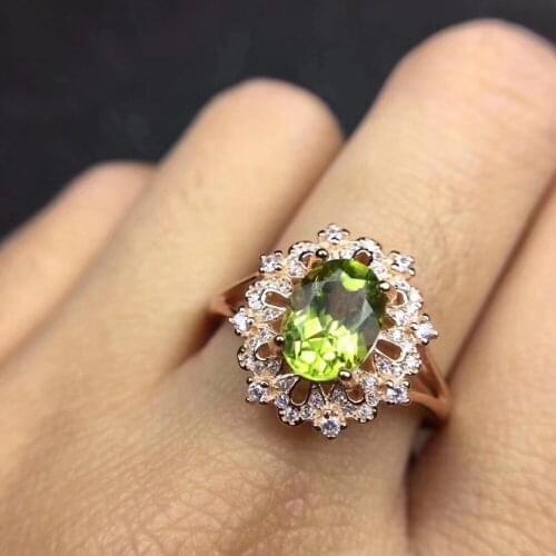 Natural green peridot gem Ring S925 Silver Natural olivine Lovely round Sunflower Lace Ring girl Womens party gift fine Jewelry