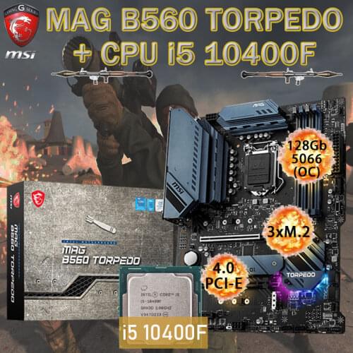 LGA 1200 MSI MAG B560TORPEDO Motherboard + Intel i5 10400F CPU Set DDR4 128GB M.2 PCI-E 4.0 Chia Placa-mãe Combo Desktop B560
