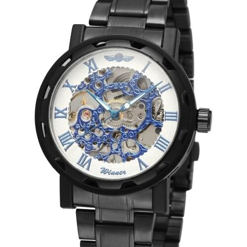 Fashion Winner Gold Black Roman Number Army Sports Mens watch Automatic Mechanical Watch Wristwatch Reloj Hombre Stainless Steel