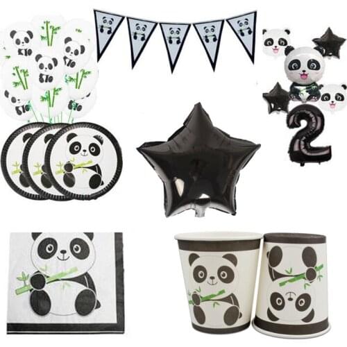 Panda Theme Disposable Party Tableware Set Plate Paper Cup Family Banquet Holiday Decoration Aluminum Film Latex Balloon Toy