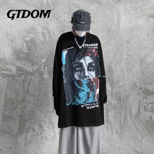 GTDOM Couple 2021 Autumn New Street Culture Hip Hop Portrait Printing T-shirts Cotton O-Neck Long Sleeve Loose Casual T-shirt