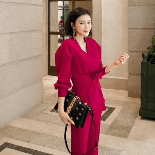 Autumn Winter Red Office Work 2 Piece Set Ladies Lanter Sleeve Blazer with Sashes and Solid Pants Women Two Piece Set Big Size