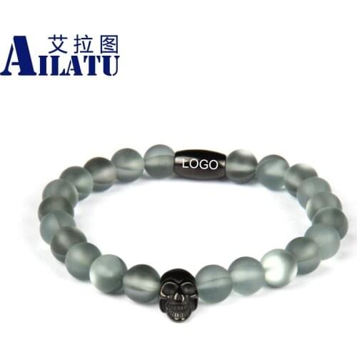 Ailatu Stainless steel Skull Couple Bracelet with 8mm Grey and Yellow Flash Glass Beads Jewels