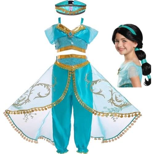 Girls Belly Dancer Dress Jasmine Costume Cosplay Aladdin Lamp Dress For Girls Costume for Kids Top&Skirts Pants 2PCS