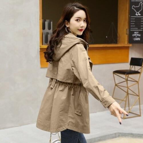 Casual Windbreaker Women Jacket Mid-length 2021 Spring Autumn New Korean Clothes Loose Waist Hooded Coat Female Outerwear H1396