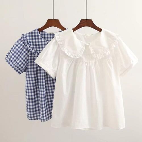 Japanese Fresh Mori Girl Lace Doll Collar Plaid Short-Sleeved Shirt Womens Shirt Top 31849