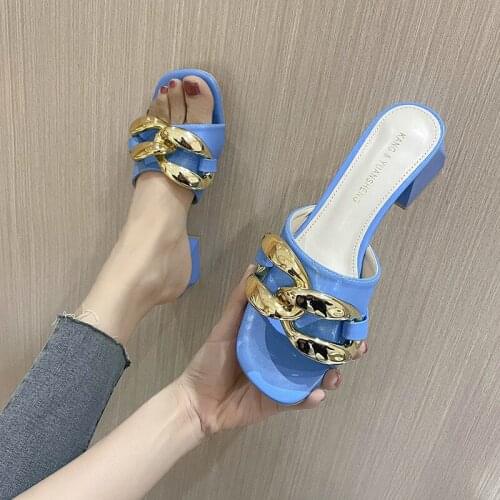 5cm Slippers Womens Outerwear Summer 2021 New Metal Chain No Heel Sandals Fashion Thick Heel High Heels Sexy Slides