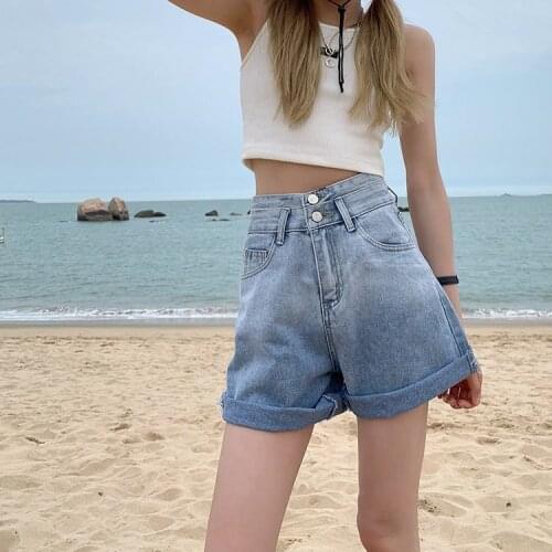 Gradient denim shorts womens navy blue short jeans black double button High Waist Shorts 2021 new A-line loose hot pants