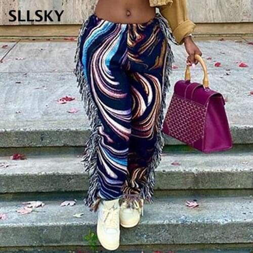 SLLSKY Tassel Patchwork Striped Print Jogger Pants Women Party Trousers 2021 Autumn Casual High Waist Skinny Active Sweat Pants