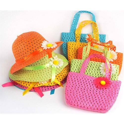 Summer child girl casual paper straw hat Sun cap Floral Panama cap Princess 2 piece set combination sun hat with flower handbag