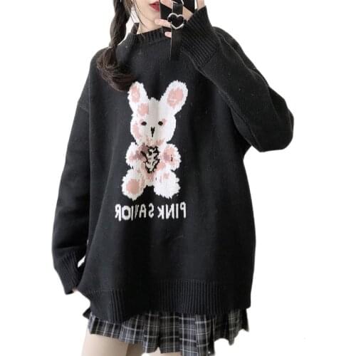 Cute Rabbit Black Sweaters Women 2021 Autumn Winter O Neck Oversize Knitted Pullovers Korean Fashion Female Sweater Loose Jumper