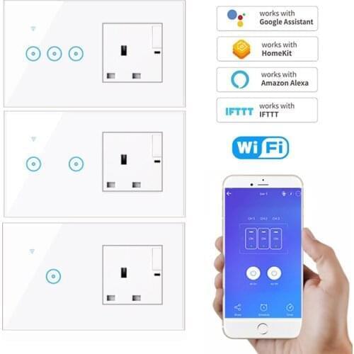 Wifi Touch Switch with UK Standard Socket Remote Control Work with Google home Amazon Alexa 1 2 3 Gang Smart Wifi Switch