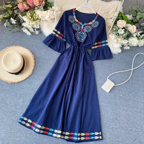 Vintage Beach Dresses 2020 Boho Dress Bohemian Dress For Women Holiday Embroidery Long Boho Chic Dress Summer Vestidos DD2540