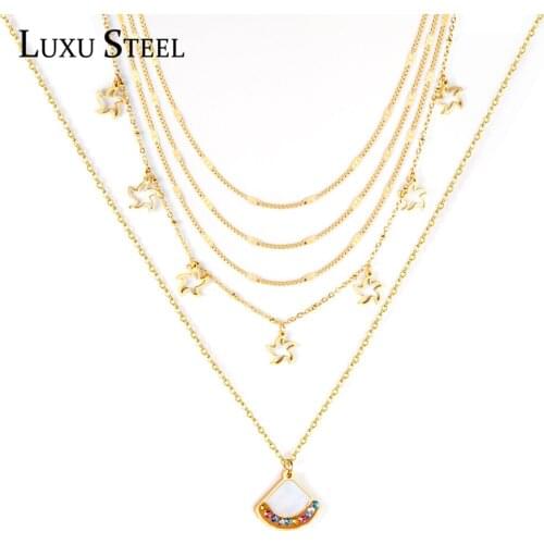 LUXUSTEEL Gold Shell Star Cubic Zirconia Pendant Necklace Collars Stainless Steel Multilayer Chains Necklace Wedding Party