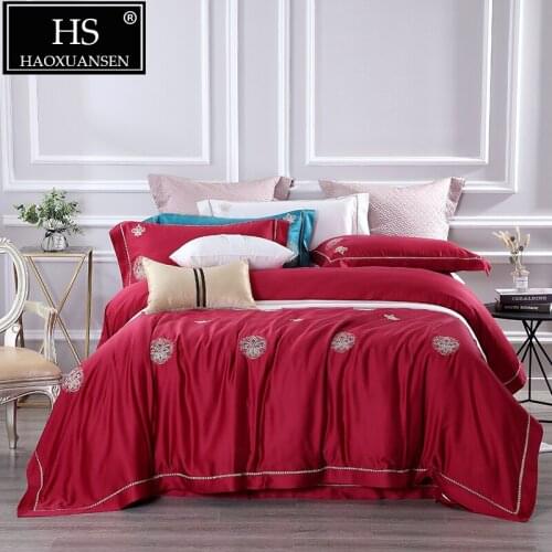 High-end Red Embroidery 4 Piece Bedding Sets 100% Tencel Lyocell Natural Organic Silky Soft Duvet Cover Set Queen King Size