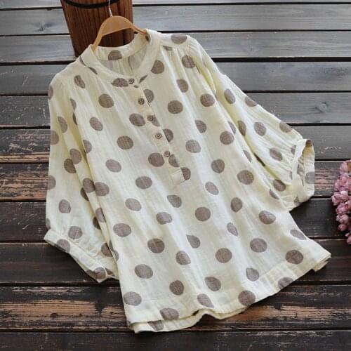 6336 new summer women Japan style polka dot print blouse loose half sleeve stand collar tops female cotton shirt