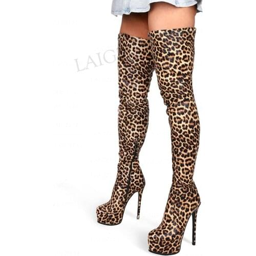 LAIGZEM Women Thigh High Platform Boots Stretchy High Heels Boots Over Knee Sexy Shoes Woman Big Size 41 42 43 44 45