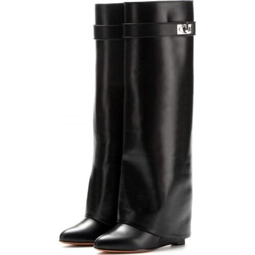 2020 Stylish wedge boots for women pointed toe knee high boots height increasing ladies motorcycle booties snow boots