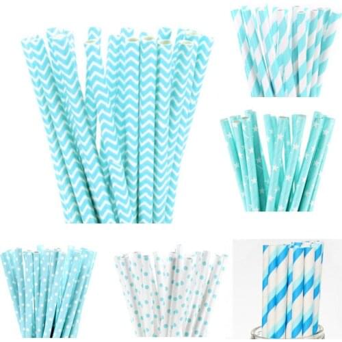 25pcs/lot Light Blue Paper Straws For Kids Birthday Wedding Decorative Party Straws Event BabyShower Supplies
