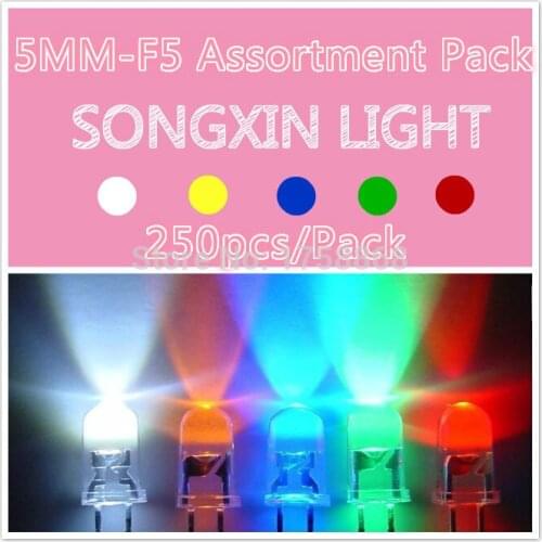 250pcs/pack)(LED|Round 5MM) 5MM LED Assortment Kit, Ultra Bright,Water Clear, Green/Yellow/Blue/White/Red, Light Emitting Diode