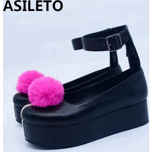 ASILETO Women Pumps New 2021 Round Toe Thick Bottom Fur Cosplay Buckle 77 Genshin Impact Janpanese Anime Plus Size 48 C2298