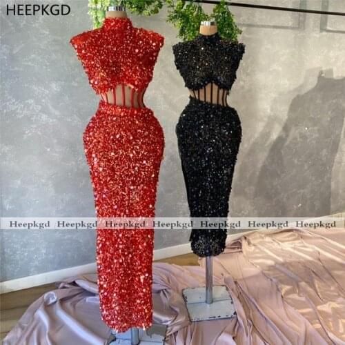 Sparkly Red 2021 Prom Dresses Illusion Sheath High Neck Sequins Black Girls Graduation Wedding Party Prom Gowns Plus Size