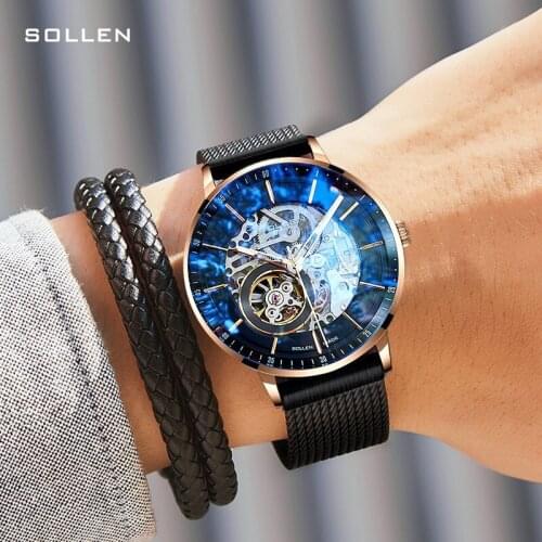 SOLLEN Men Watch Waterproof Stainless Steel Mesh Band Casual Watch Top Brand Luxury Automatic Mechanical Watches SL-316