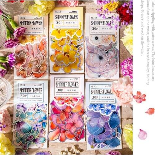 30 pieces /Bag Workshop Series Silver Glitter Flower Petals Butterfly hand account DIY decorative stickers