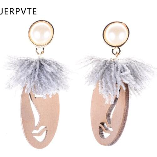 JERPVTE Wood Human Face Earrings For Women Statement Tassel Dangling Earrings Jewelry Charm Similated Pearl Drop Dangle Brincos