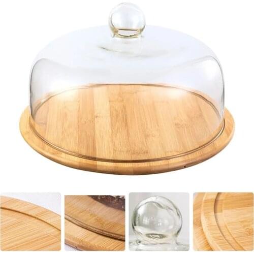 Wood Serving Tray Storage Plate With Glass Cover Dessert Dishes Dining Room Tableware Household Breakfast Food Cake Pastry
