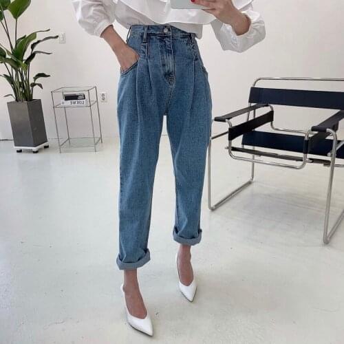 2021 Vintage Fold Harem Jeans Blue Casual High Waist Pockets Curled Chic Denim Pants Summer Fall Straight Trousers P144