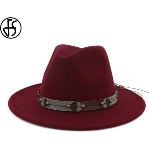 FS Fedora Wool Felt Jazz Hat for Women Men Black Wide Brim Hat with Belt Vintage Party Cowboy Cap Panama Fedoras Chapeau Femme
