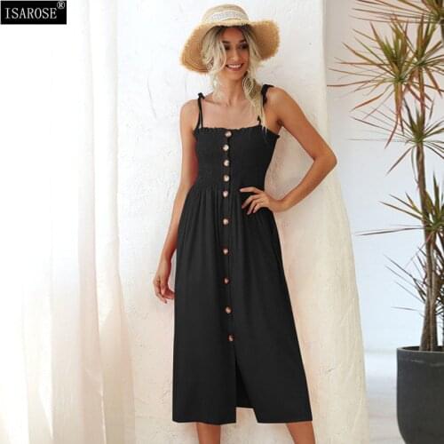 ISAROSE Pleated Dress Solid Color Women Adjustable Spaghetti Strap Summer Sleeveless Front Buttons Stretch Camisole Maxi Dresses