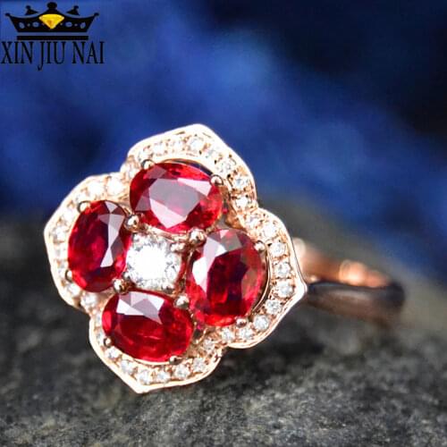 Open Resizable Bloodlike Red Pigeon Bloodred Ruby Flowers Lucky Clover Womens Ring 18K Gold Inlaid Rose Gold Ladys party Ring