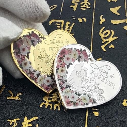 2PCs Forever Love Heart-shaped Gold Silver Commemorative Coin Romantic Marriage Anniversary Collection Valentines Day Gifts